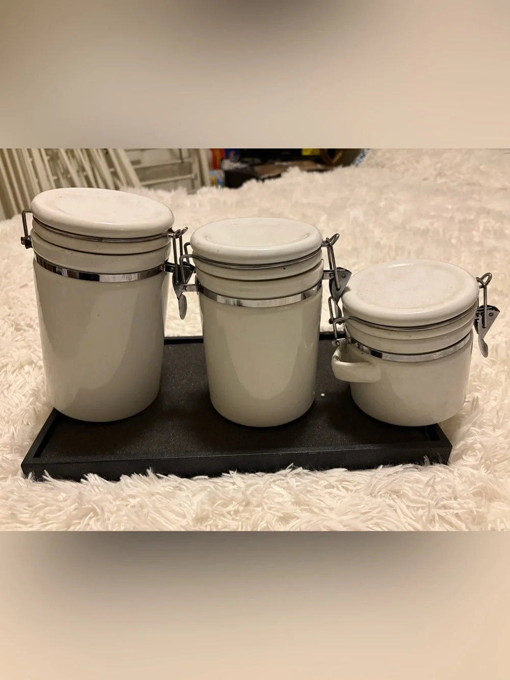 White Ceramic Airtight Canister with Metal Clamp Lid - Set of 3